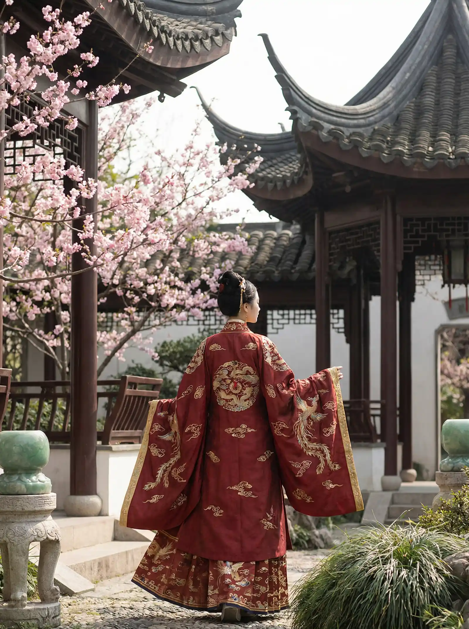 九色腾只为高清而 明制汉服红色凤凰刺绣